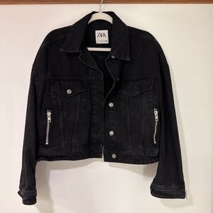 Zara Cropped Denim Jacket Women Size S Black Zipper‎ Moto | Edgy Grunge